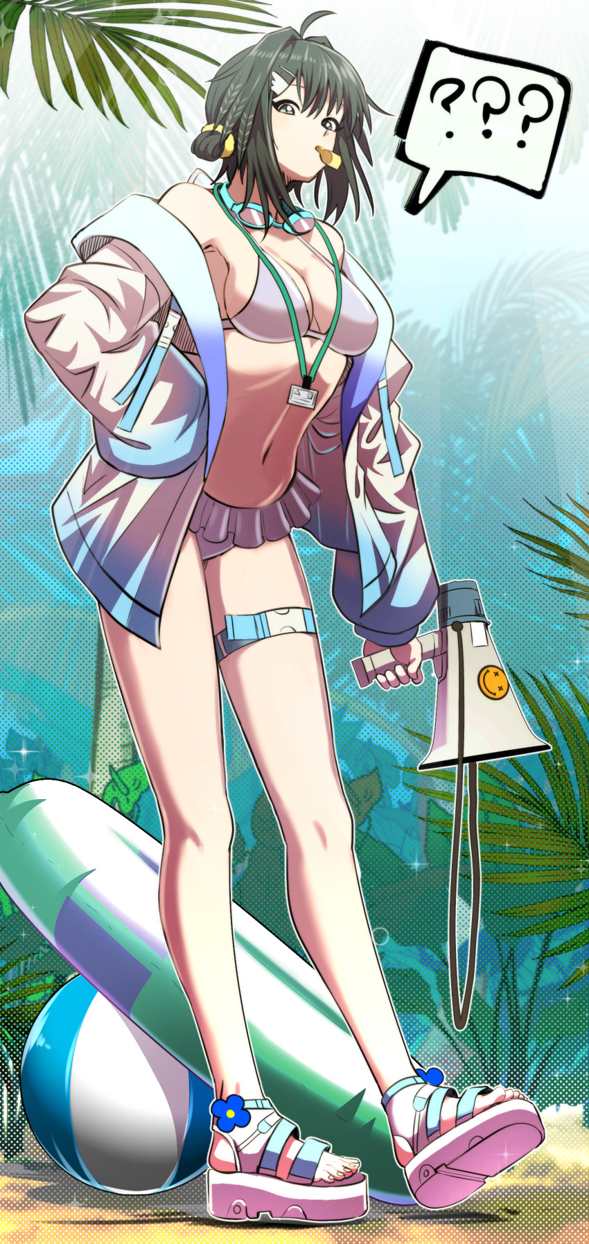 1girl ? absurdres ahoge ankle_flower arknights ball beachball bikini black_hair blue_eyes breasts cleavage commentary english_commentary feather_hair frilled_bikini frills full_body goggles goggles_around_neck hair_intakes hands_in_pockets highres holding holding_megaphone innertube jacket la_pluma_(arknights) la_pluma_(summer_flowers)_(arknights) lanyard looking_at_viewer medium_breasts megaphone mouth_hold off_shoulder official_alternate_costume open_clothes open_jacket outline palm_tree platform_footwear samacho sandals short_hair solo sparkle spoken_question_mark standing swim_ring swimsuit thigh_strap tree whistle white_bikini white_footwear white_jacket white_outline