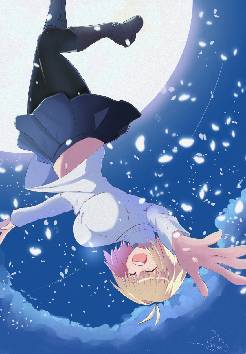 1girl ahoge antenna_hair arcueid_brunestud black_keys_(type-moon) blonde_hair blush breasts dress full_moon glasses hair_intakes highres large_breasts long_hair long_sleeves melty_blood moon neco_spirit open_mouth pantyhose shokobr short_hair single_hair_intake skirt smile solo sweater takeuchi_takashi_(style) tohno_shiki tsukihime tsukihime_(remake) turtleneck turtleneck_sweater type-moon