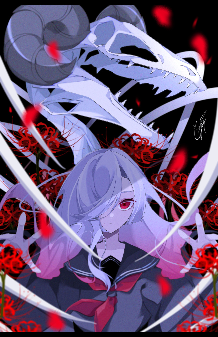 1girl absurdres black_background dinosaur_skeleton flower fossil goma_irasuto hair_over_one_eye highres horns long_hair looking_at_viewer original petals red_eyes school_uniform signature solo spider_lily white_hair white_theme