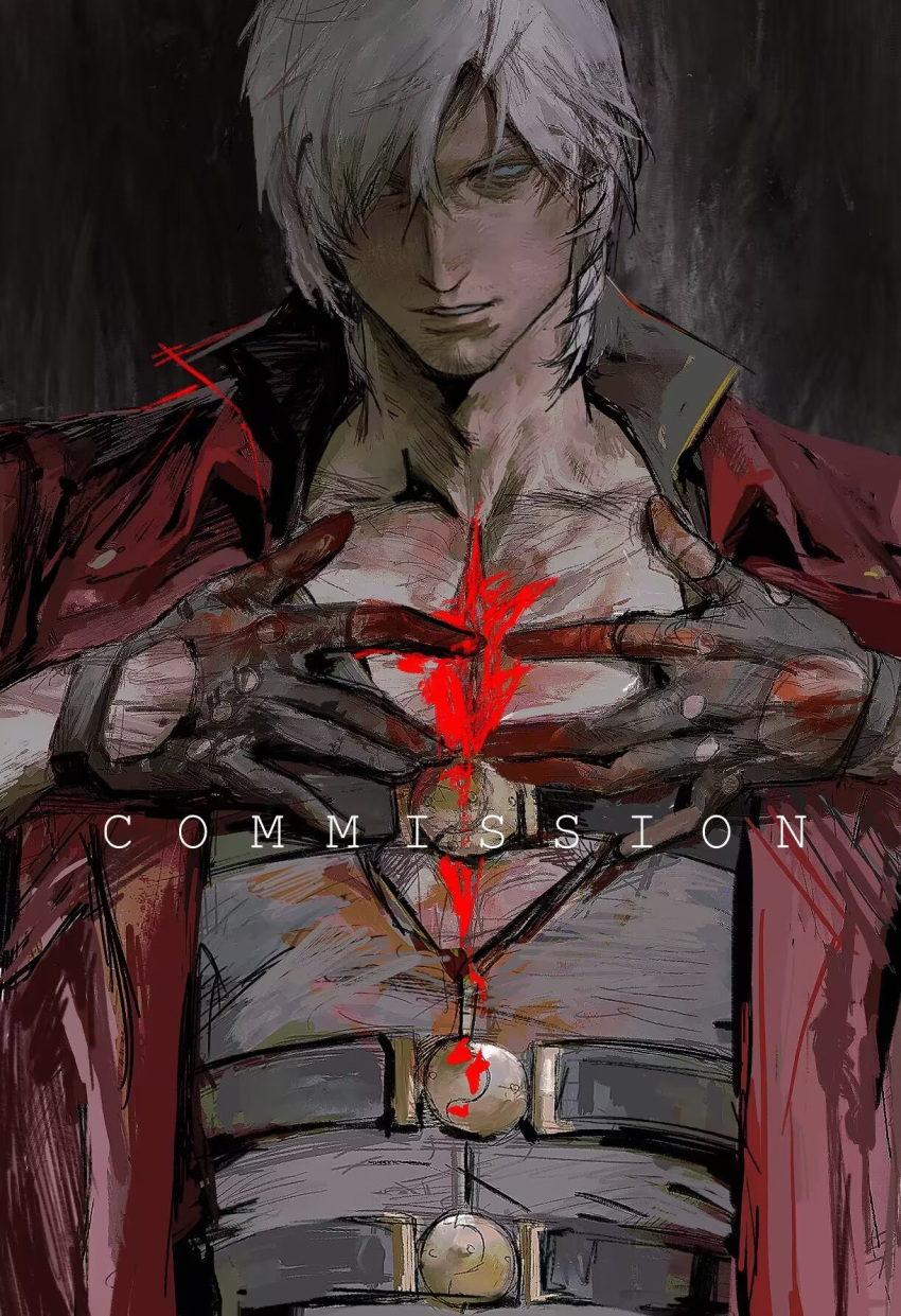 1boy belt black_background black_belt black_gloves blood blood_on_gloves blood_on_hands blue_eyes collarbone commission dante_(devil_may_cry) devil_may_cry_(series) fingerless_gloves gloves grey_hair grey_shirt hair_between_eyes hands_up highres jacket long_sleeves looking_at_viewer male_focus open_clothes open_jacket orr2kln3tjteydj red_jacket shirt short_hair simple_background smile solo standing teeth