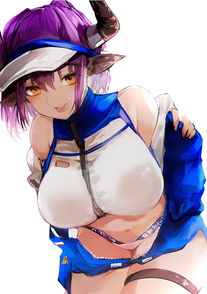 1girl animal_ears arknights bare_shoulders black_horns blue_jacket breasts brown_eyes commentary_request cow_ears cow_girl cow_tail crop_top full_body hamaguri-san_(hamagur69200744) highres horns huge_breasts jacket long_sleeves looking_at_viewer navel off_shoulder open_mouth puffy_long_sleeves puffy_sleeves purple_hair short_hair sideroca_(arknights) sideroca_(light_breeze)_(arknights) simple_background smile solo stomach tail white_background