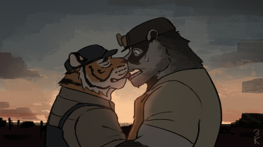 3000vnd anthro badger clothing duo echo_(series) echo_project felid feng_yaolin hat headgear headwear hi_res kissing male male/male mammal mustelid musteline nikolai_(the_smoke_room) pantherine shirt stripes suspenders the_smoke_room tiger tongue tongue_out topwear