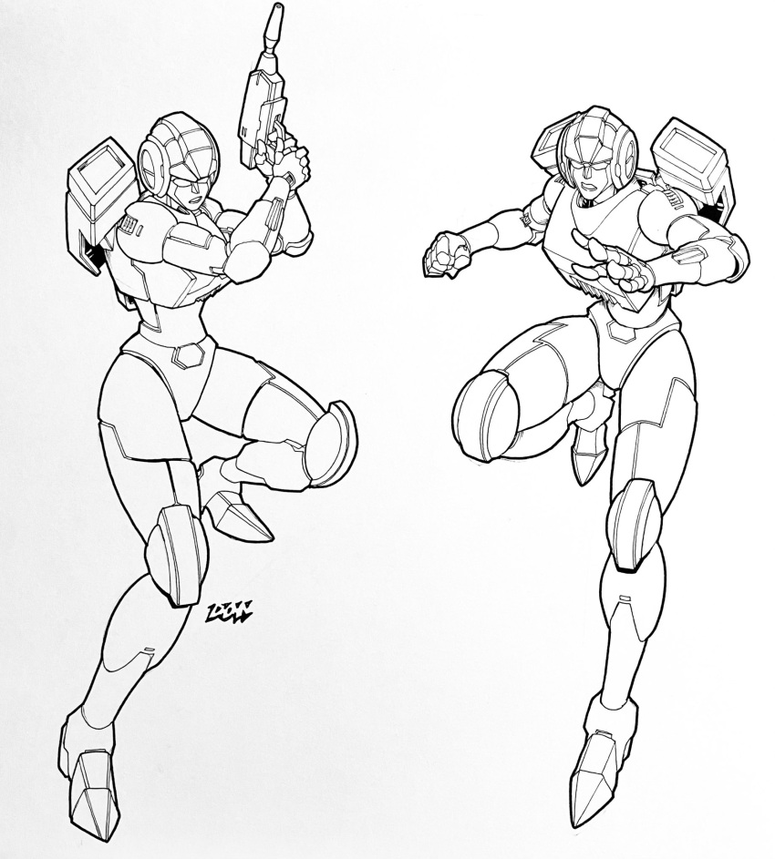 1girl arcee backpack bag curvy don_allan_figueroa gun handgun helmet high_heels highres humanoid_robot lineart narrow_waist official_art panties robot robot_girl solo thighs transformers transformers:_generation_1 underwear weapon