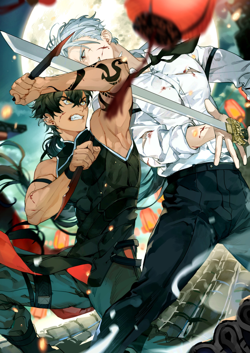 1boy 2boys arm_tattoo battle blurry chinese_clothes clenched_teeth dark_skin depth_of_field gyou_chin highres holding holding_sword holding_weapon male_focus multiple_boys muscular original shirt sleeveless sword tattoo teeth thigh_strap weapon white_shirt yellow_eyes