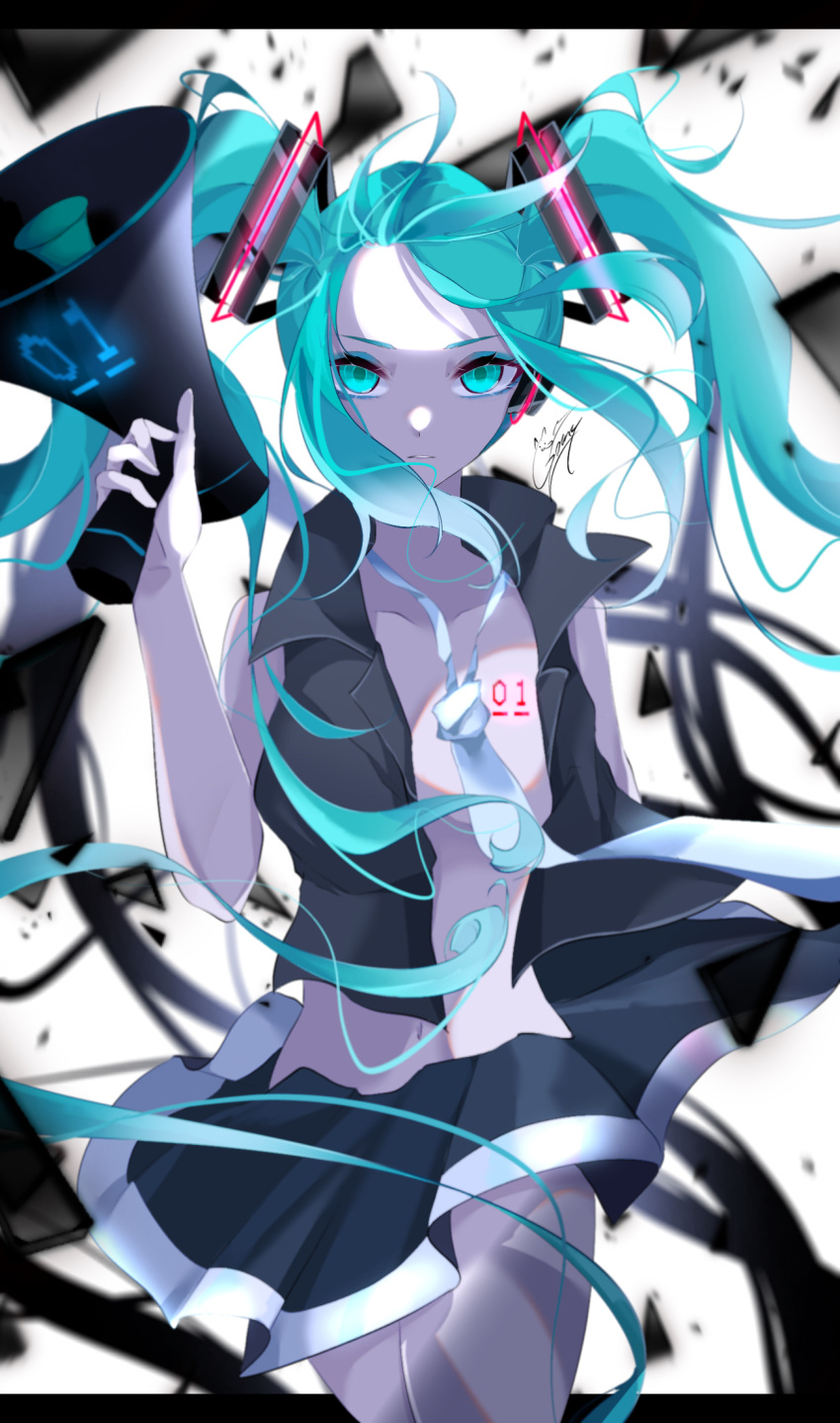 aqua_eyes aqua_hair aqua_necktie closed_mouth expressionless goma_irasuto hatsune_miku headphones highres holding holding_megaphone koi_wa_sensou_(vocaloid) long_hair looking_at_viewer megaphone necktie skirt sleeveless twintails very_long_hair vocaloid