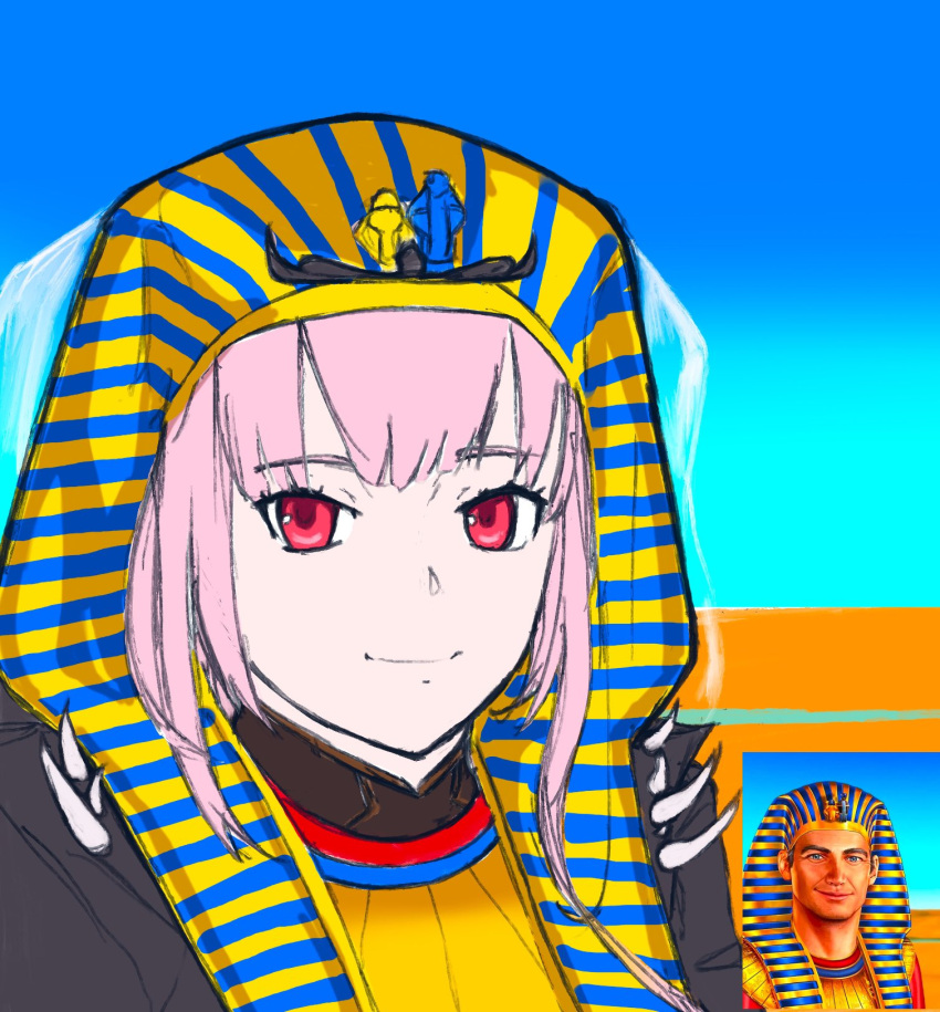 1girl blue_background commentary egyptian_clothes highres hololive hololive_english looking_at_viewer massgrave_art meme mori_calliope multicolored_background nemes parody pharaoh pink_hair red_eyes reference_inset shoulder_spikes simple_background smile solo spikes veil