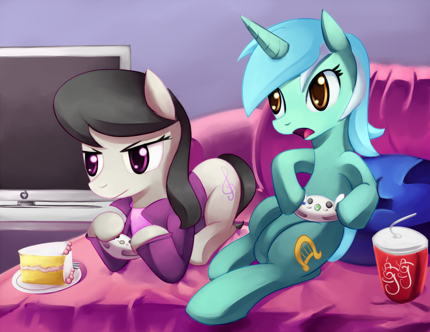 baked_goods beverage black_hair cake clothing cushion cutie_mark equine female feral food friendship_is_magic game_controller green_body green_hair grey_body hair hasbro horn horse long_hair lyra_(mlp) lyra_heartstrings_(mlp) mammal microsoft multi-colored_hair my_little_pony negativefox octavia_(mlp) pony purple_eyes short_hair sofa two_tone_hair unicorn video_games white_hair xbox xbox_360 yellow_eyes