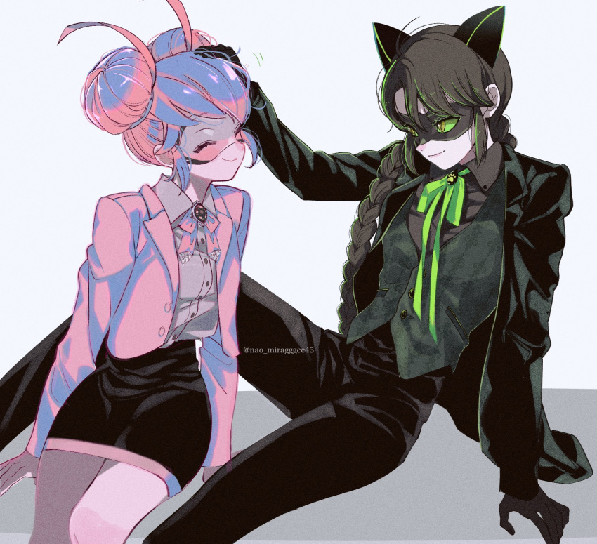 2girls animal_ears black_gloves black_hair black_mask black_skirt black_vest braid cat_ears cat_girl closed_eyes closed_mouth double_bun gloves green_eyes green_ribbon grey_mask grey_shirt hair_bun headpat highres lady_noir long_hair looking_at_another marinette_dupain-cheng mask miraculous_ladybug multimouse_(character) multiple_girls pink_vest ribbon seio_(nao_miragggcc45) shirt simple_background single_braid sitting skirt smile vest