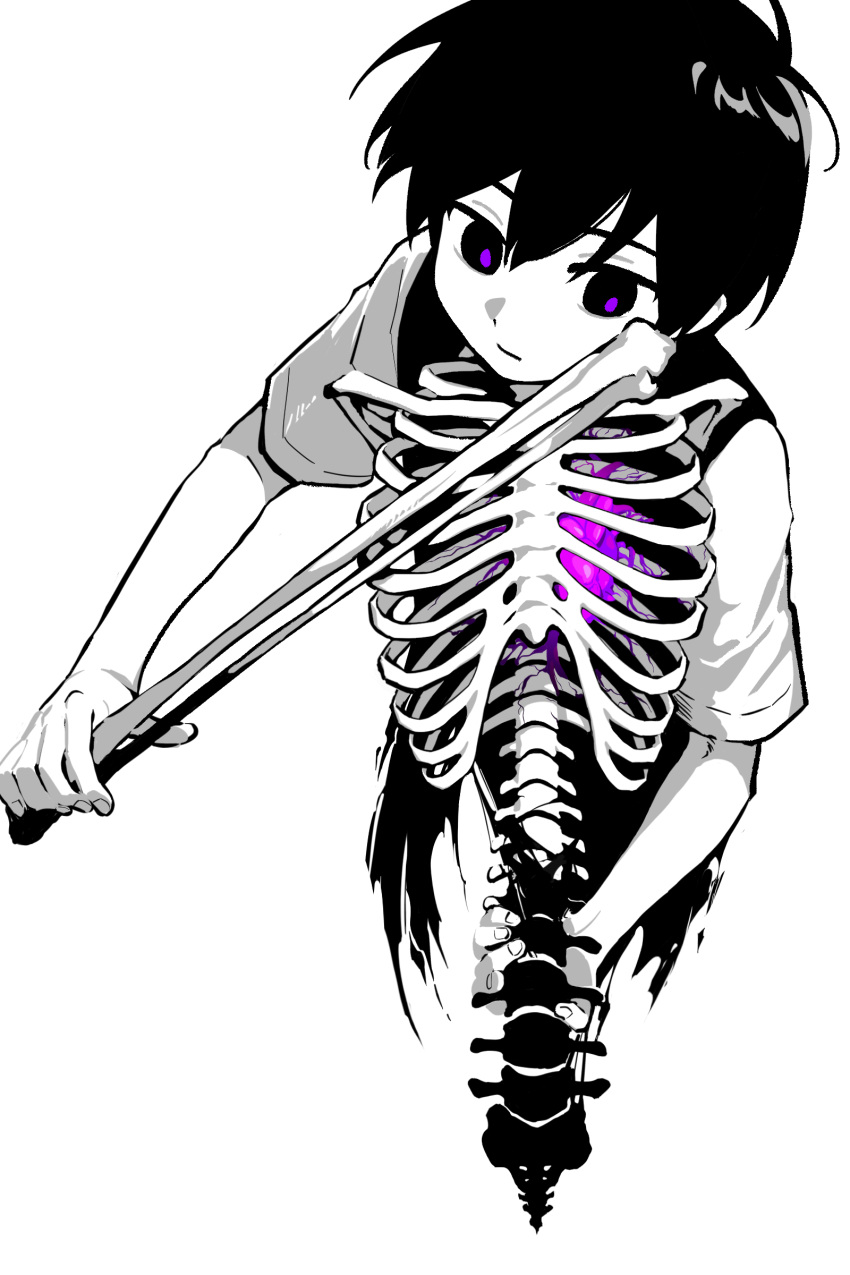 1boy absurdres antenna_hair bone closed_mouth fingernails hair_between_eyes heart_(organ) highres holding holding_bone looking_down omori purple_pupils ribs short_hair short_sleeves solo spine spot_color sunny_(omori) sweater_vest upper_body wrzydyspdys