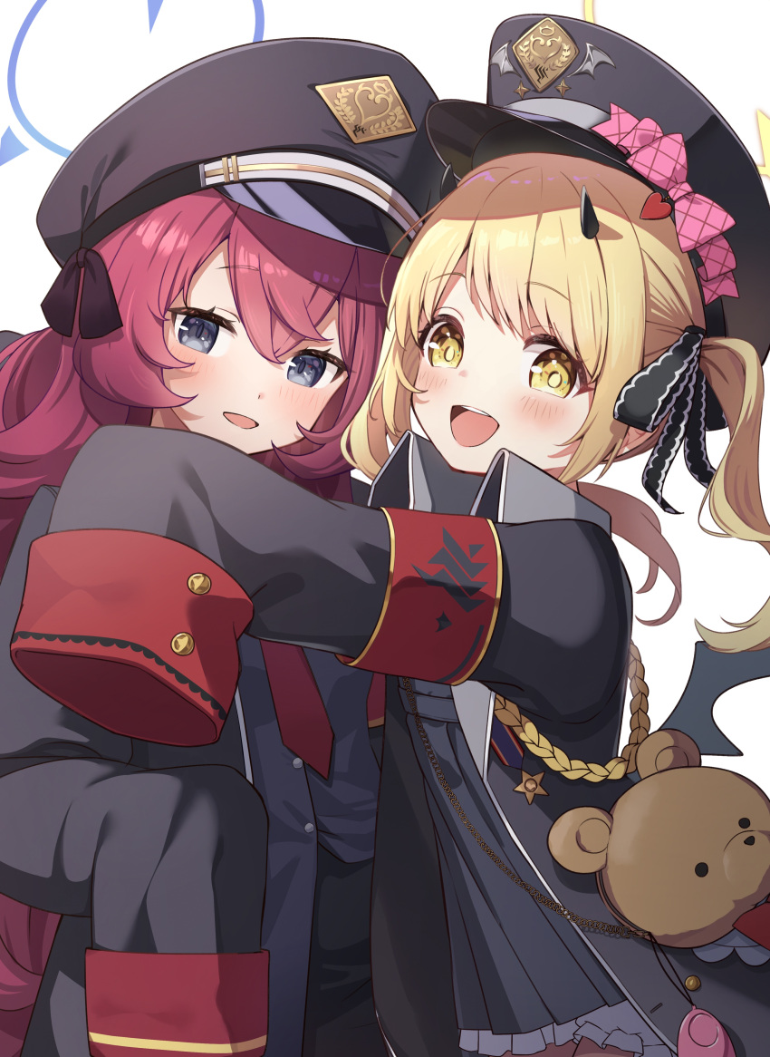 2girls absurdres black_coat black_dress black_horns black_wings blonde_hair blue_archive blue_halo blush coat commission demon_horns demon_wings dress grey_eyes halo hat highres horns ibuki_(blue_archive) iroha_(blue_archive) long_hair looking_at_viewer multiple_girls open_clothes open_coat open_mouth peaked_cap pointy_ears red_hair ringopan side_ponytail skeb_commission sleeves_past_fingers sleeves_past_wrists smile wings yellow_eyes yellow_halo