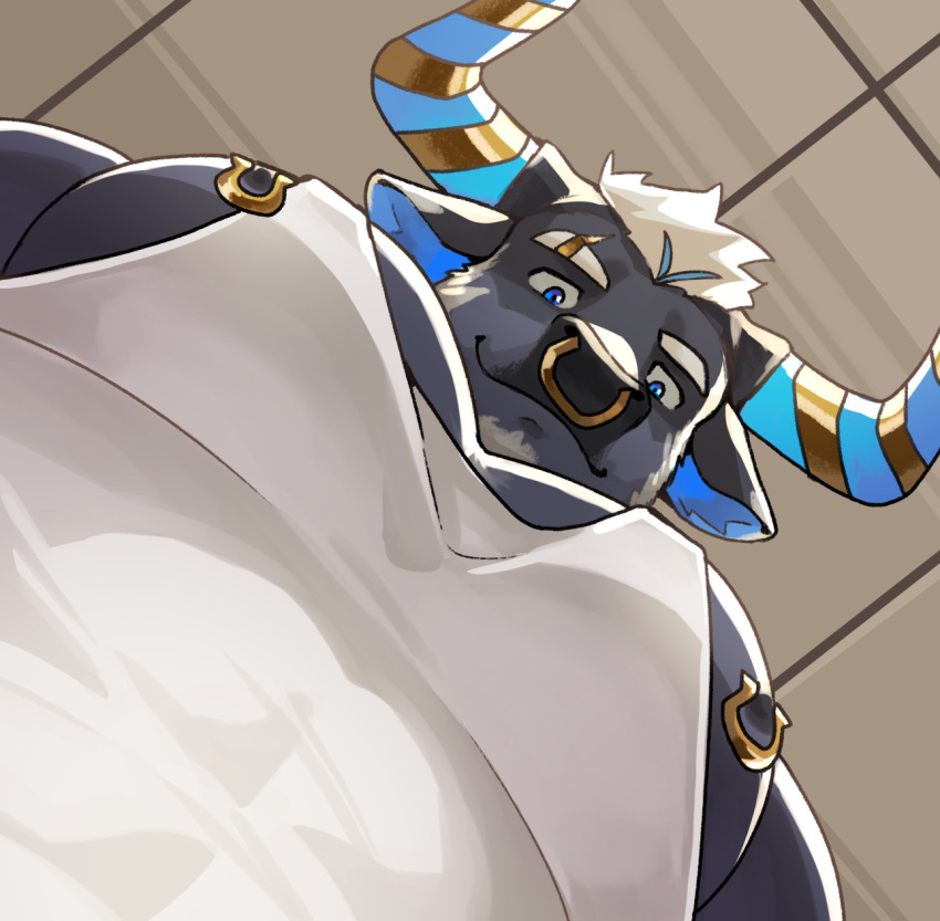 1boy animal_ears bara beard cow_ears cow_horns facial_hair foreshortening from_below full_beard furry furry_male grey_fur highres horns large_pectorals looking_at_viewer looking_down male_focus meme minotaur multicolored_horns muscular muscular_male nipple_piercing nipple_rings nipple_slip nipples nose_piercing nose_ring original pectoral_cleavage pectoral_focus pectorals photo-referenced piercing short_hair sidepec solo tank_top thick_eyebrows two-tone_horns upper_body white_tank_top yur_oc_like_this_(meme) zoyu_(wuedti)