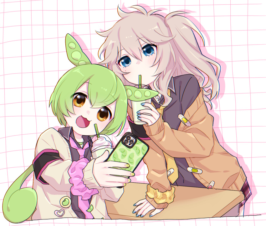 2girls :3 arm_support armband black_armband black_shirt blue_eyes blue_nails blush brown_cardigan brown_hair cardigan cellphone collared_shirt commentary_request cosplay cropped_legs desk drink drinking drinking_straw drinking_straw_in_mouth drop_shadow green_hair green_nails gyaru hand_on_table holding holding_drink holding_phone jewelry kasukabe_tsumugi kasukabe_tsumugi_(cosplay) kawasaki_(5s5_g) long_hair long_sleeves looking_at_phone looking_at_viewer low_ponytail magatama magatama_necklace matching_outfits messy_hair milkshake mole mole_under_eye multiple_girls necklace necktie off_shoulder one_side_up open_cardigan open_clothes open_mouth phone pink_necktie school_desk scrunchie shirt smartphone smile voicevox white_cardigan wrist_scrunchie yellow_eyes yellow_necktie zundamon