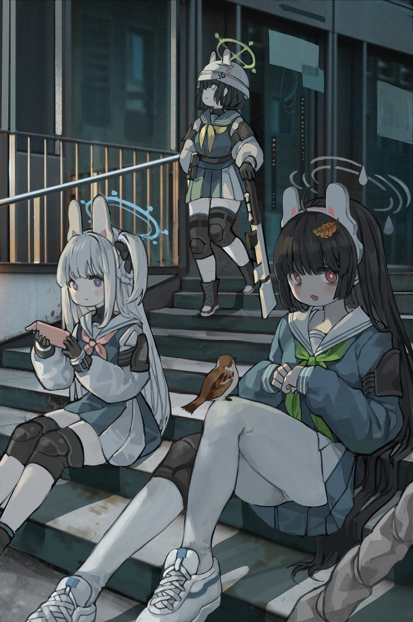 3girls absurdres ahoge animal_ear_hairband animal_ears bags_under_eyes belt bird_on_knee black_gloves black_hair black_ribbon blue_archive blue_eyes blue_serafuku blue_skirt blush boots building city closed_mouth commentary_request expressionless fake_animal_ears gloves green_neckerchief grey_hair gun hair_ribbon hairband halo hand_on_own_hip hand_on_weapon hand_rest helmet highres holding holding_phone kkaebing knee_pads knee_up leaf leaf_on_head long_hair long_sleeves looking_at_viewer looking_up miyako_(blue_archive) miyu_(blue_archive) multiple_girls neckerchief on_stairs one_side_up open_mouth own_hands_together pantyhose phone pleated_skirt purple_eyes rabbit_ear_hairband rabbit_ears railing red_eyes ribbon rifle sailor_collar saki_(blue_archive) school_uniform serafuku shoes short_hair sidelocks single_knee_pad sitting skirt sneakers standing urban weapon white_footwear white_pantyhose white_sailor_collar yellow_neckerchief