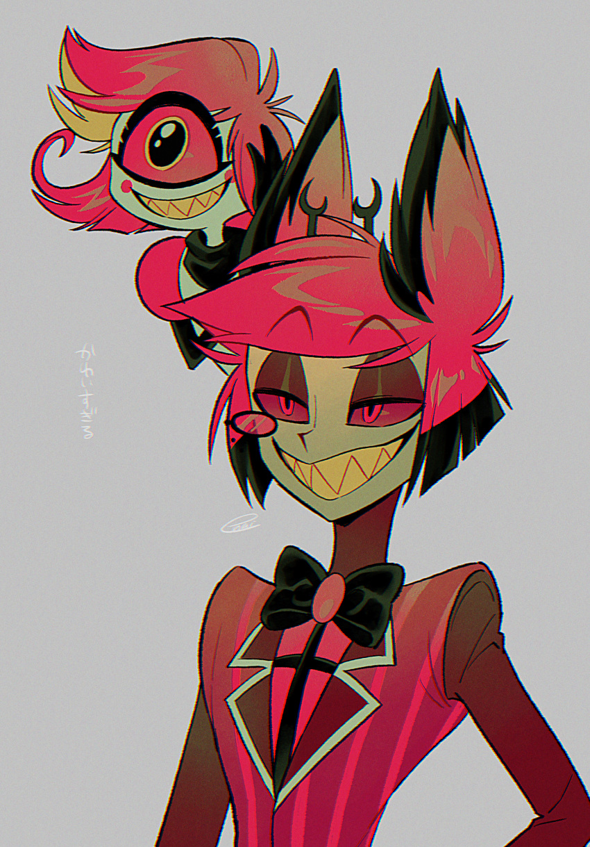 1_eye absurd_res alastor_(hazbin_hotel) animal_humanoid antlers clothed clothing cyclops deer deer_humanoid demon demon_humanoid duo enaic31 female hazbin_hotel hi_res horn humanoid japanese_text male mammal mammal_humanoid niffty_(hazbin_hotel) sharp_teeth teeth text translation_request yellow_teeth