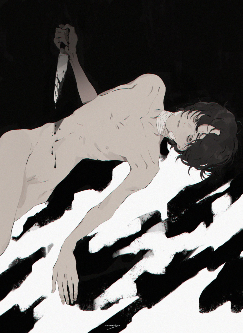 1boy bags_under_eyes bandage_on_face bandaged_neck bandages black_hair blood blood_on_knife collarbone fingernails grey_eyes highres holding holding_knife killing_stalking knife male_focus naruysae nipples nude ribs short_hair skinny solo yoon_bum