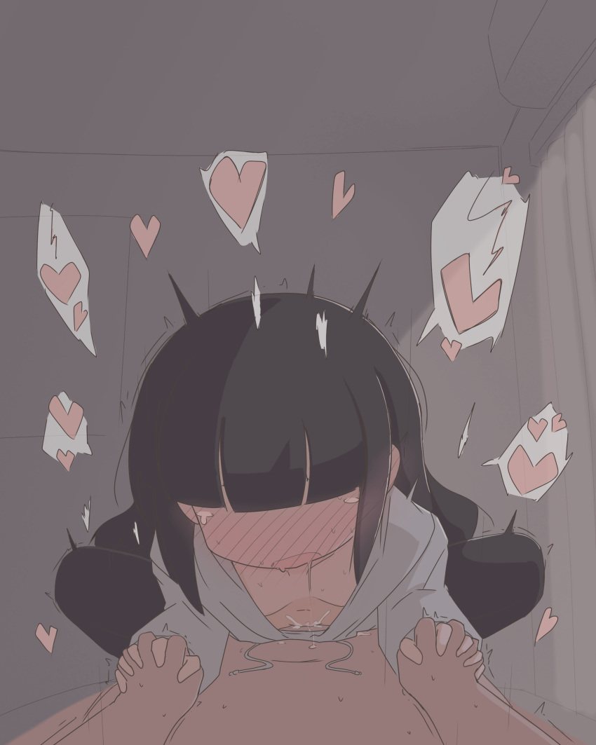 1boy 1girl absurdres air_conditioner bar_censor black_hair black_thighhighs blunt_bangs blush censored collarbone commission cum curtains drooling ejaculation girl_on_top heart hetero highres holding_hands hood hoodie inabakumori indoors long_hair naked_hoodie navel osage_(nukunuku_nigirimeshi) pixiv_commission player193 pov pussy_juice spoken_heart sunlight thighhighs very_long_hair