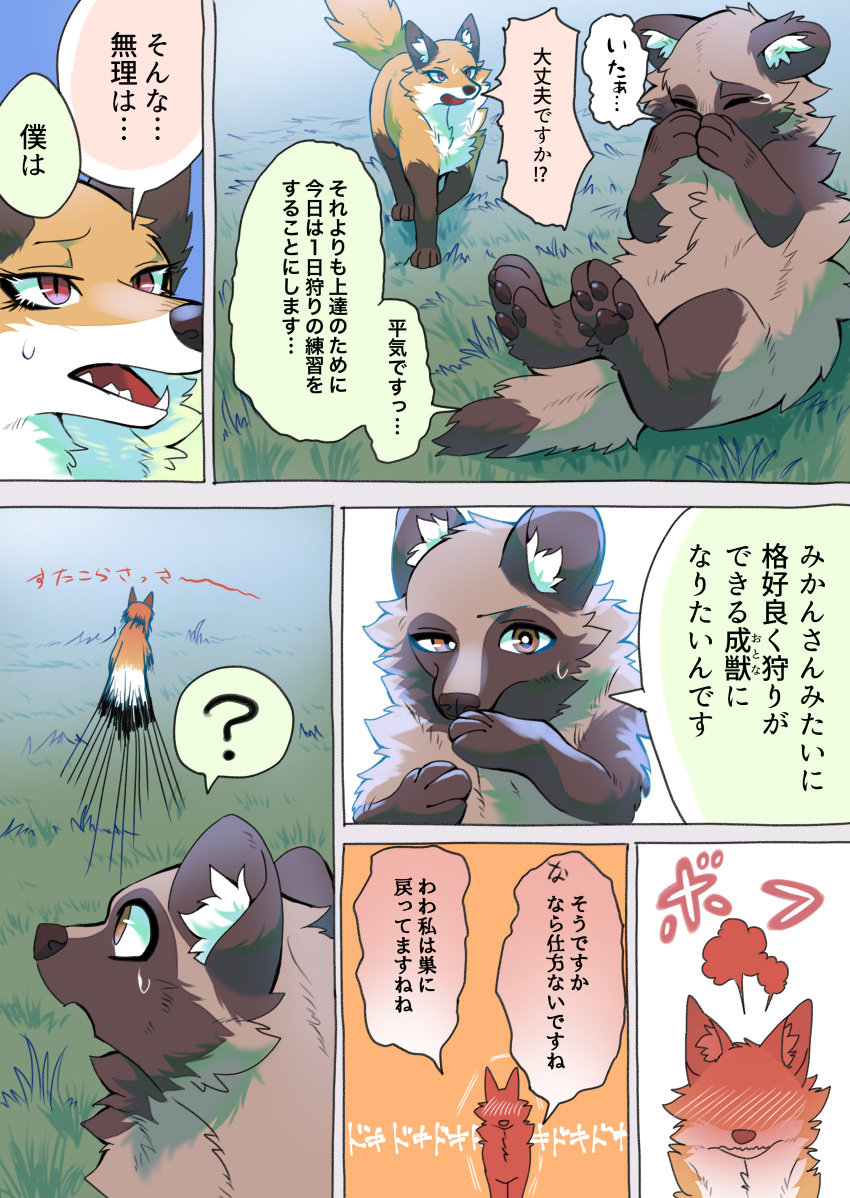 2023 absurd_res ambiguous_gender black_nose brown_body brown_ears brown_eyes brown_fur canid canine cheek_tuft comic dialogue digital_media_(artwork) duo eyelashes facial_tuft feral fox fur gloves_(marking) grass hi_res holding_nose inner_ear_fluff japanese_text jumping kurumilky6 mammal marimo_(kurumilky6) markings mikan_(kurumilky6) mouse murid murine open_mouth orange_body orange_fur outside plant prick_ears quadruped raccoon_dog red_eyes rodent speech_bubble tan_body tan_fur tanuki text translated tuft white_body white_fur white_inner_ear_fluff wounded