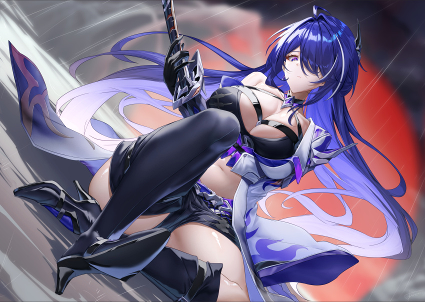 1girl acheron_(honkai:_star_rail) asymmetrical_footwear black_footwear black_gloves black_shorts boots breasts chest_harness coat dutch_angle gloves hair_over_one_eye harness high_heel_boots high_heels highres holding holding_sword holding_weapon honkai:_star_rail honkai_(series) knee_up large_breasts looking_at_viewer navel on_ground purple_eyes purple_hair short_shorts shorts single_bare_shoulder sitting solo spread_legs stomach sword thigh_boots weapon white_coat xfate