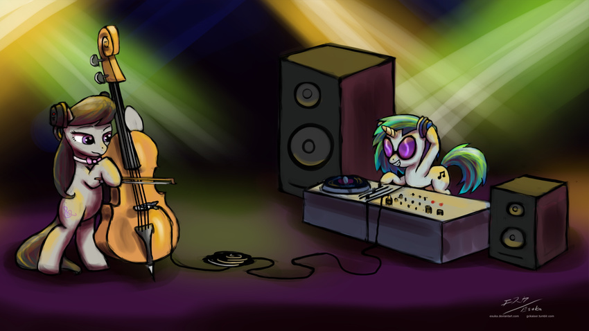 bow bow_(stringed_instrument) cello cutie_mark dj_table equine esuka eyewear female feral friendship_is_magic goggles grey_body hair hasbro headphones horn horse long_hair mammal mixing multi-colored_hair musical_instrument my_little_pony octavia_(mlp) pony purple_eyes record short_hair smile speaker standing stereo sunglasses two_tone_hair unicorn vinyl_scratch_(mlp) white_body