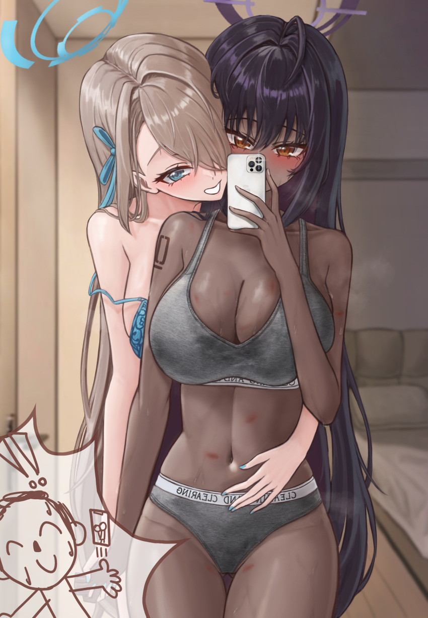 1boy 2girls absurdres ass_visible_through_thighs asuna_(blue_archive) black_hair blue_archive blue_bra blue_eyes blue_halo blue_ribbon blush bra breasts cellphone cleavage dark-skinned_female dark_skin doodle_sensei_(blue_archive) grey_bra grey_panties grin hair_over_one_eye hair_ribbon halo highres holding holding_phone ilbanseomin indoors karin_(blue_archive) large_breasts light_brown_hair long_hair multiple_girls panties phone purple_halo ribbon sensei_(blue_archive) smartphone smile underwear yellow_eyes
