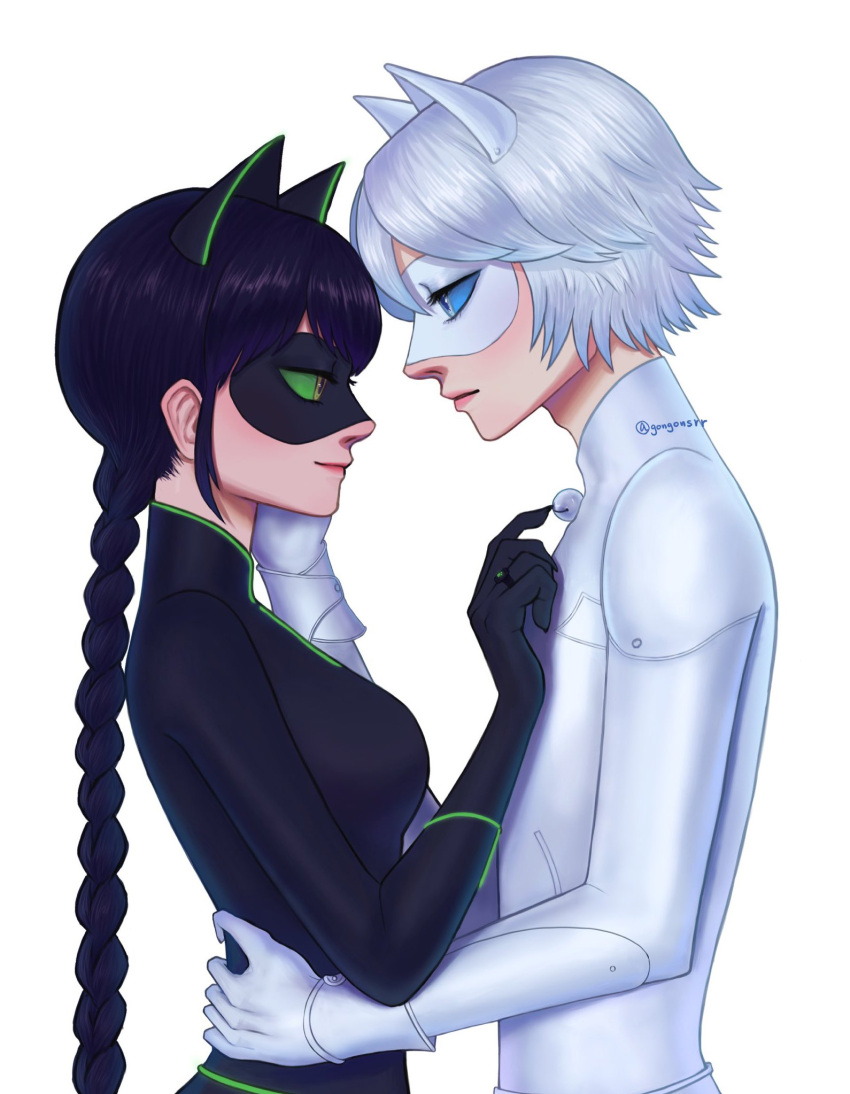 1boy 1girl adrien_agreste animal_ears bell black_bodysuit black_hair black_mask blue_eyes bodysuit braid cat_boy cat_ears cat_girl chat_blanc closed_mouth gongonsrr green_eyes highres jingle_bell lady_noir light_smile long_hair looking_at_another looking_at_viewer marinette_dupain-cheng mask miraculous_ladybug simple_background single_braid superhero_costume white_background white_bodysuit white_hair white_mask