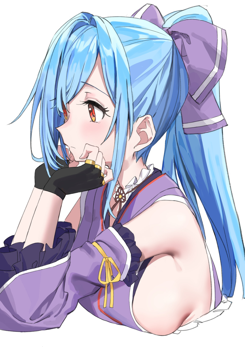 .live 1girl absurdres blue_hair bow breasts closed_mouth commentary_request detached_sleeves fingerless_gloves gloves hair_bow hair_ornament haruyuki_(gffewuoutgblubh) highres long_hair looking_to_the_side medium_breasts ponytail portrait red_eyes sideboob simple_background solo virtual_youtuber white_background yamato_iori