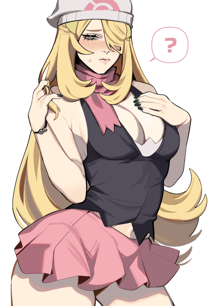 1girl absurdres alternate_costume beanie blonde_hair blush breasts cleavage cosplay cynthia_(pokemon) dawn_(pokemon) dawn_(pokemon)_(cosplay) grey_eyes hair_over_one_eye hat highres long_hair looking_at_viewer miniskirt poke_ball_print pokemon pokemon_dppt porqueloin scarf shirt skirt sleeveless solo thick_thighs thighs tight_clothes very_long_hair wavy_hair white_hat