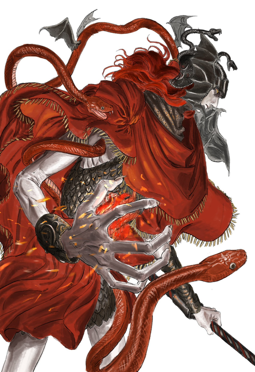 1boy armor chainmail cloak closed_mouth colored_skin elden_ring elden_ring:_shadow_of_the_erdtree emaciated fingernails gomibako_(gomibako_price) grey_skin helmet highres holding holding_weapon long_fingernails male_focus messmer_the_impaler red_cloak red_hair sharp_fingernails slit_pupils solo weapon white_background yellow_eyes