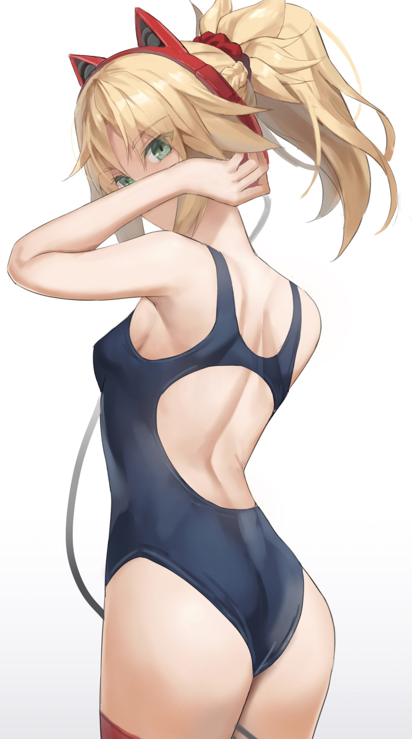 1girl absurdres animal_ear_headphones animal_ears ass back bare_shoulders blonde_hair blue_one-piece_swimsuit braid breasts cat_ear_headphones commentary_request fake_animal_ears fate/apocrypha fate_(series) french_braid green_eyes hair_ornament hair_scrunchie headphones highres long_hair looking_at_viewer looking_back mordred_(fate) mordred_(fate/apocrypha) one-piece_swimsuit parted_bangs ponytail scrunchie sidelocks small_breasts solo swimsuit tonee