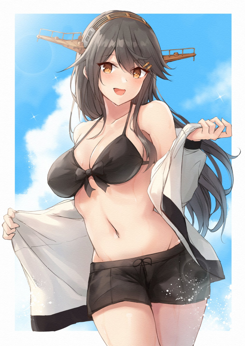 1girl bare_shoulders bikini black_hair breasts brown_eyes front-tie_bikini_top front-tie_top hair_ornament hairband hairclip haruna_(kancolle) haruna_kai_ni_(kancolle) headgear highres k_jie kantai_collection large_breasts long_hair looking_at_viewer navel open_mouth smile solo stomach swimsuit