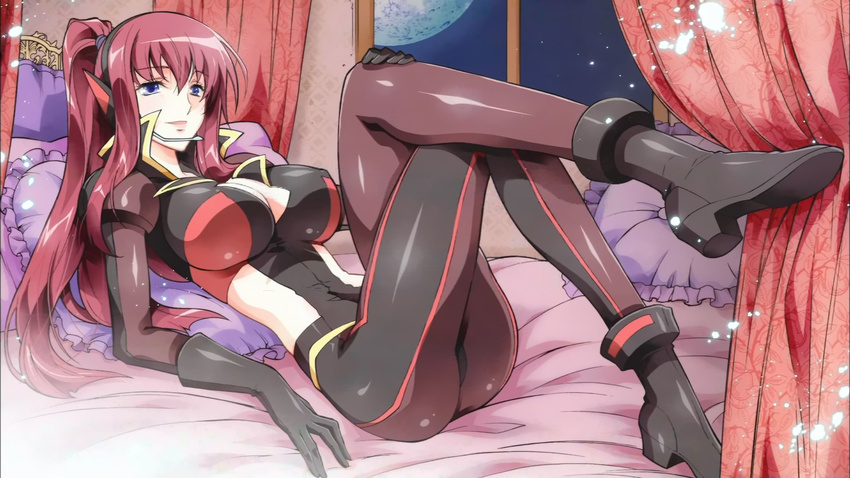 bed black_gloves blue_eyes bodysuit breasts character_request cleavage cleavage_cutout copyright_request crossed_legs curtains gloves headphones headset highres kaishaku large_breasts long_hair lying moon night non-web_source pillow red_hair shoes sitting smile solo source_request window