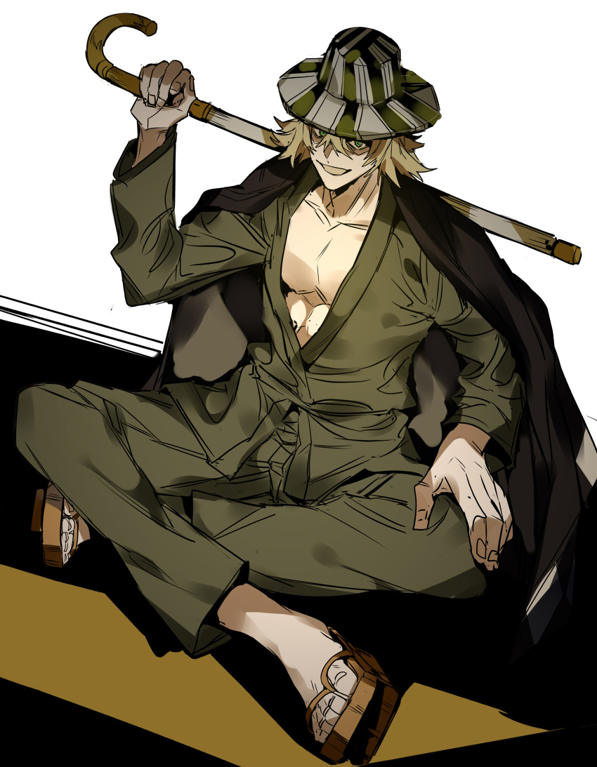 1boy absurdres bleach blonde_hair bucket_hat cane collarbone dutch_angle geta green_eyes green_pants green_shirt hair_between_eyes hand_on_own_knee hat highres indian_style jacket jacket_on_shoulders japanese_clothes kimono long_sleeves looking_at_viewer male_focus over_shoulder pants pectoral_cleavage pectorals sandals shirt sitting smile solo striped_clothes striped_headwear urahara_kisuke weapon weapon_over_shoulder xi_luo_an_ya