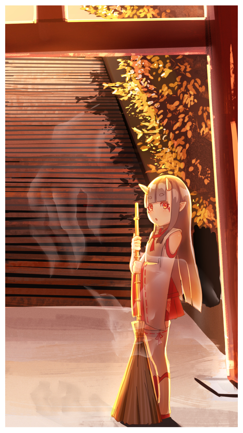 1girl bamboo_broom broom clothing_cutout commentary_request facial_mark ghost grey_hair hakama hakama_short_skirt hakama_skirt highres holding holding_broom japanese_clothes kimono kuro_kosyou long_hair long_sleeves looking_at_viewer oni original outdoors parted_lips pointy_ears red_eyes red_hakama ribbon-trimmed_sleeves ribbon-trimmed_thighhighs ribbon_trim shoulder_cutout skirt solo stairs standing sunset thighhighs torii very_long_hair white_kimono white_thighhighs wide_sleeves