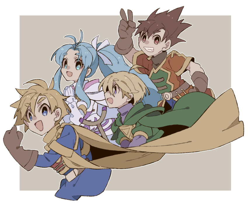 1girl 3boys blonde_hair blue_eyes blue_hair brown_eyes brown_gloves brown_hair cape garet_(golden_sun) gloves golden_sun iori_8653 isaac_(golden_sun) ivan_(golden_sun) long_hair looking_at_viewer mia_(golden_sun) multiple_boys open_mouth scarf smile v yellow_scarf