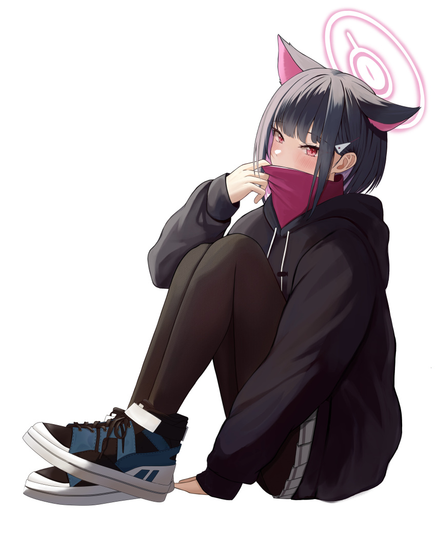 1girl absurdres animal_ears arm_at_side black_hair black_hoodie black_pantyhose blue_archive blue_footwear blunt_bangs blush cat_ears colored_inner_hair commentary covered_mouth extra_ears eyelashes from_side full_body hair_ornament hairclip halo hand_up hashtag_only_commentary highres hood hood_down hoodie kazusa_(blue_archive) knees_up looking_at_viewer miniskirt multicolored_hair pantyhose pink_hair pink_halo pleated_skirt red_eyes shoes short_hair sidelocks simple_background sitting skirt sleeves_past_wrists slit_pupils sneakers solo themaree tsurime white_background white_skirt