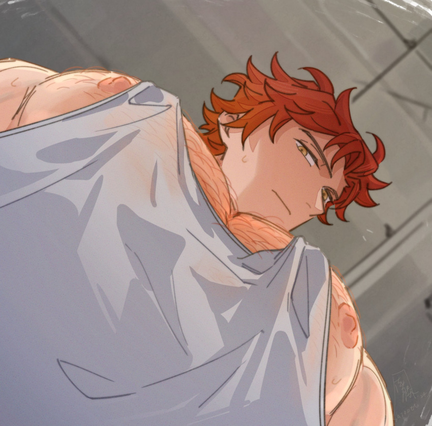 1boy alternate_body_hair alternate_pectoral_size bara fire_emblem fire_emblem:_three_houses foreshortening from_below grey_tank_top highres large_pectorals looking_at_viewer looking_down male_focus meme muscular muscular_male nipple_slip nipples orange_hair pectoral_cleavage pectoral_focus pectorals photo-referenced satodee short_hair sidepec sideways_glance solo sweatdrop sylvain_jose_gautier tank_top thick_chest_hair thick_eyebrows upper_body yur_oc_like_this_(meme)