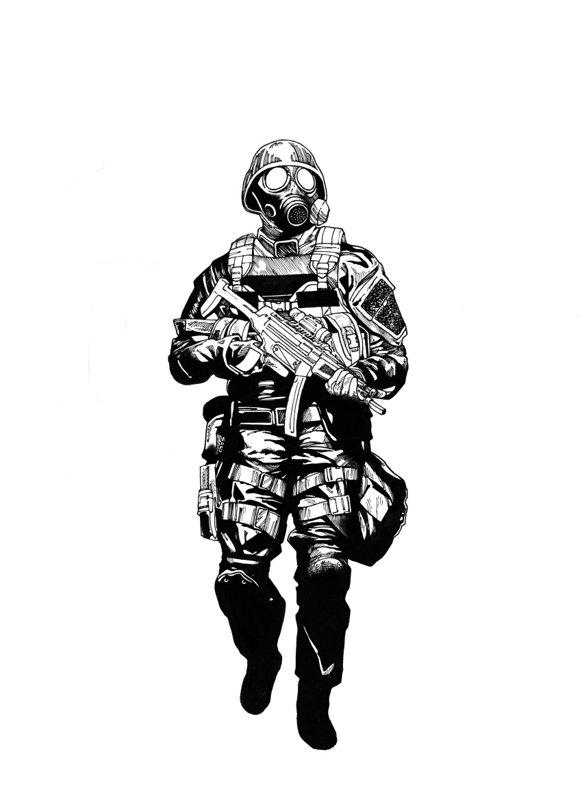 1boy absurdres bag belt black_gloves body_armor buckle bulletproof_vest combat_helmet facing_ahead gas_mask gloves greyscale gun helmet highres holding holding_gun holding_weapon hunk_(resident_evil) knee_pads littledemon_(user_dnuj4273) long_sleeves mask monochrome optical_sight pouch resident_evil resident_evil_2 resident_evil_2_(remake) simple_background snap-fit_buckle solo standing submachine_gun tactical_clothes uniform utility_belt weapon white_background