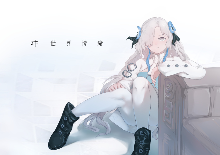 1girl absurdres aiyouyou arm_rest black_footwear blue_dress blue_flower blue_hair boots chinese_commentary commentary_request couch dress flower full_body grey_eyes grey_hair hair_flower hair_ornament hair_over_one_eye highres isekai_joucho kamitsubaki_studio long_hair long_sleeves looking_at_viewer multicolored_hair pantyhose parted_lips sitting solo two-tone_dress two-tone_hair very_long_hair virtual_youtuber white_background white_dress white_pantyhose