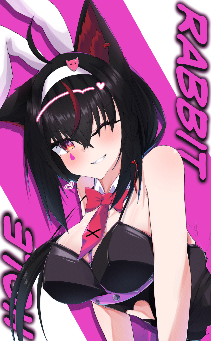 1girl absurdres ahoge airu_22 animal_ear_fluff animal_ears black_hair black_leotard blush braid breasts commentary_request detached_collar earrings fake_animal_ears fox_ears fox_girl grin hair_between_eyes highres hololive jewelry kurokami_fubuki large_breasts leotard long_hair looking_at_viewer multicolored_hair necktie one_eye_closed playboy_bunny rabbit_ears rabbit_hole_(vocaloid) red_eyes red_hair red_necktie sidelocks single_braid smile solo streaked_hair virtual_youtuber