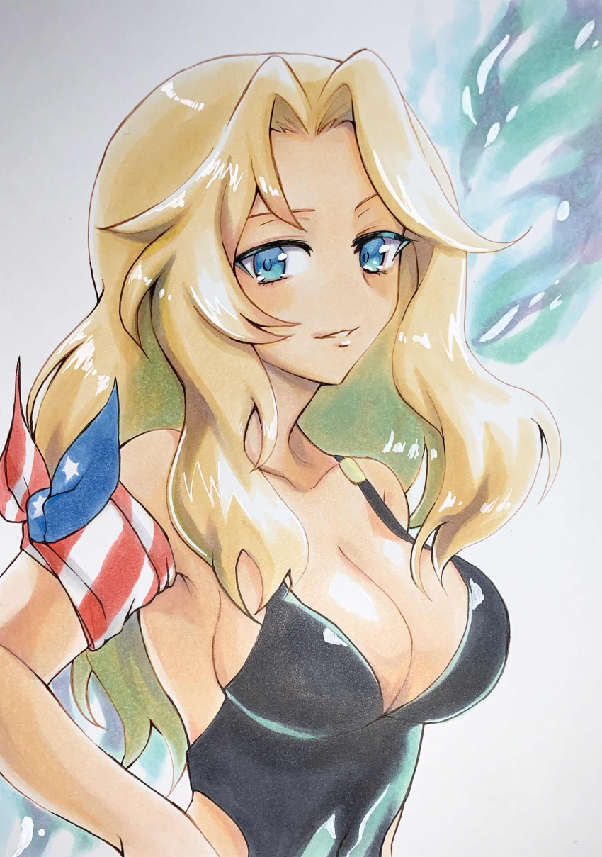 1girl absurdres armband black_one-piece_swimsuit blonde_hair blue_eyes breasts commentary girls_und_panzer grey_background hair_intakes highleg highleg_swimsuit highres kay_(girls_und_panzer) large_breasts long_hair one-piece_swimsuit parted_lips sawamaru30 smile solo swimsuit traditional_media