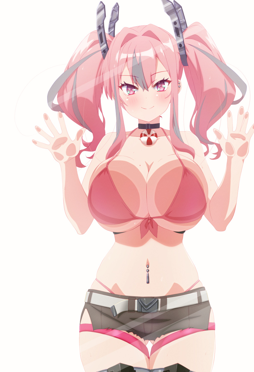 1girl absurdres against_fourth_wall against_glass arbiter1 azur_lane belt black_choker bra breast_press breasts breasts_on_glass bremerton_(azur_lane) brown_shorts choker cowboy_shot grey_hair hand_on_glass highres huge_breasts long_hair looking_at_viewer multicolored_hair pink_bra pink_hair short_shorts shorts simple_background solo streaked_hair twintails two-tone_hair underwear white_background white_belt