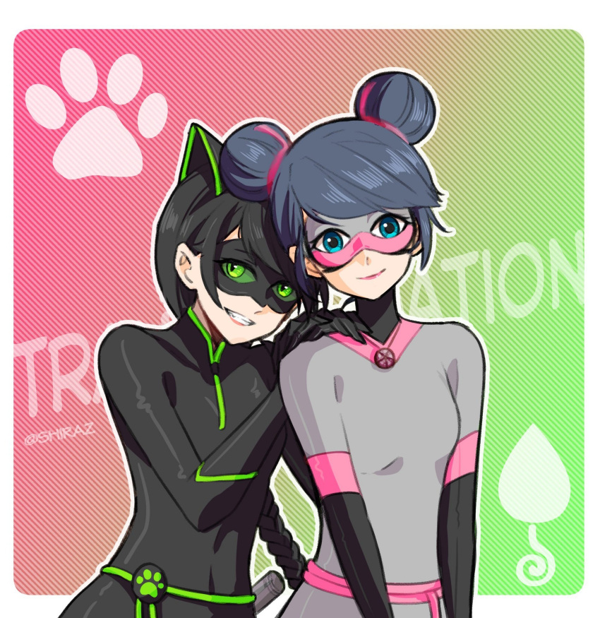 1girl animal_ears black_bodysuit black_hair black_mask blue_eyes blue_hair bodysuit braid cat_ears cat_girl closed_mouth green_eyes grey_bodysuit grey_mask highres lady_noir long_hair looking_at_viewer marinette_dupain-cheng mask miraculous_ladybug multimouse_(character) shirazisreallyshy simple_background single_braid slit_pupils smile superhero_costume