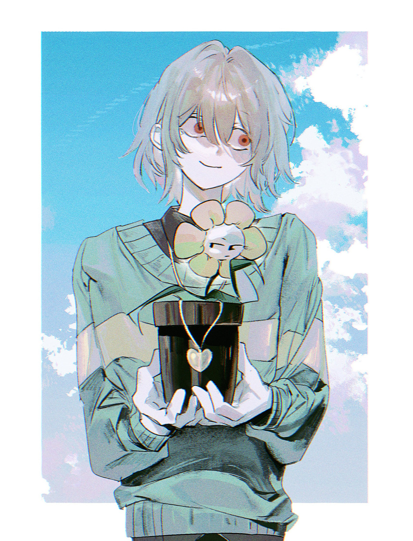 1other absurdres androgynous blackmaro1 blue_sky border brown_hair chara_(undertale) cloud cowboy_shot day flower flowey_(undertale) green_sweater heart_pendant highres holding holding_flower long_sleeves looking_to_the_side other_focus outdoors outside_border red_eyes sanpaku short_hair sky smile standing sweater undertale white_border yellow_flower