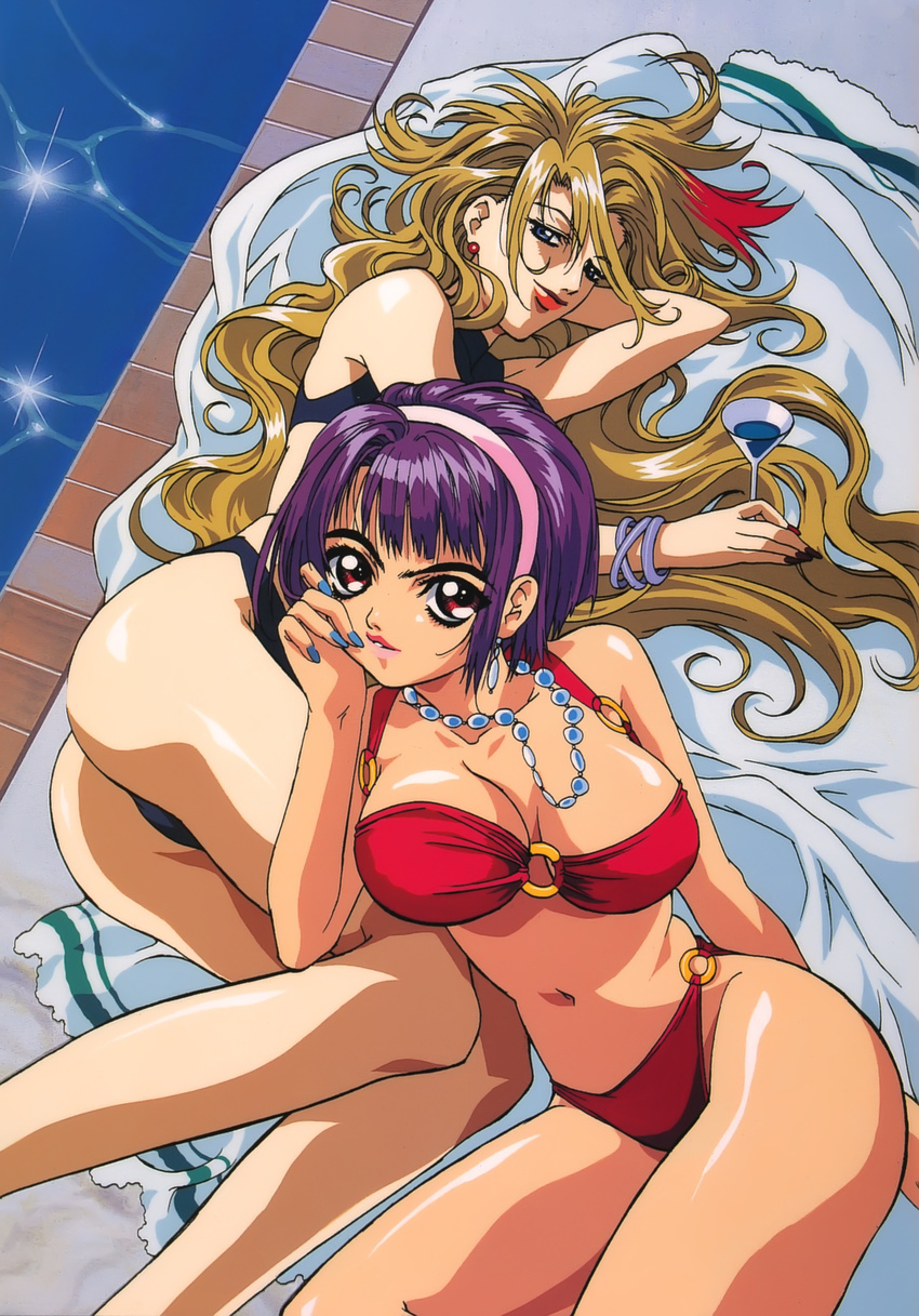 90s absurdres angel_links ass bikini black_bikini blonde_hair breasts cleavage cocktail_glass cup curvy detexted drink drinking_glass earrings highres jewelry large_breasts li_meifon lips long_hair looking_at_viewer lying lying_on_person multiple_girls nail_polish navel necklace nishida_asako o-ring o-ring_bottom o-ring_top on_side pool poolside purple_hair red_bikini short_hair swimsuit third-party_edit towel valeria_vertone