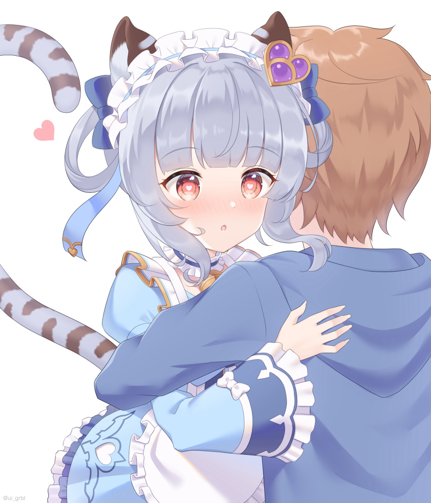 @_@ absurdres alternate_costume alternate_hairstyle amaama_(user_mepv2353) animal_ears blue_hair brown_eyes brown_hair commentary_request enmaided fang gran_(granblue_fantasy) granblue_fantasy hair_between_eyes hair_ornament hair_rings heart heart-shaped_pupils highres hug maid maid_headdress open_mouth ribbon simple_background symbol-shaped_pupils tail tiger_ears tiger_tail white_background