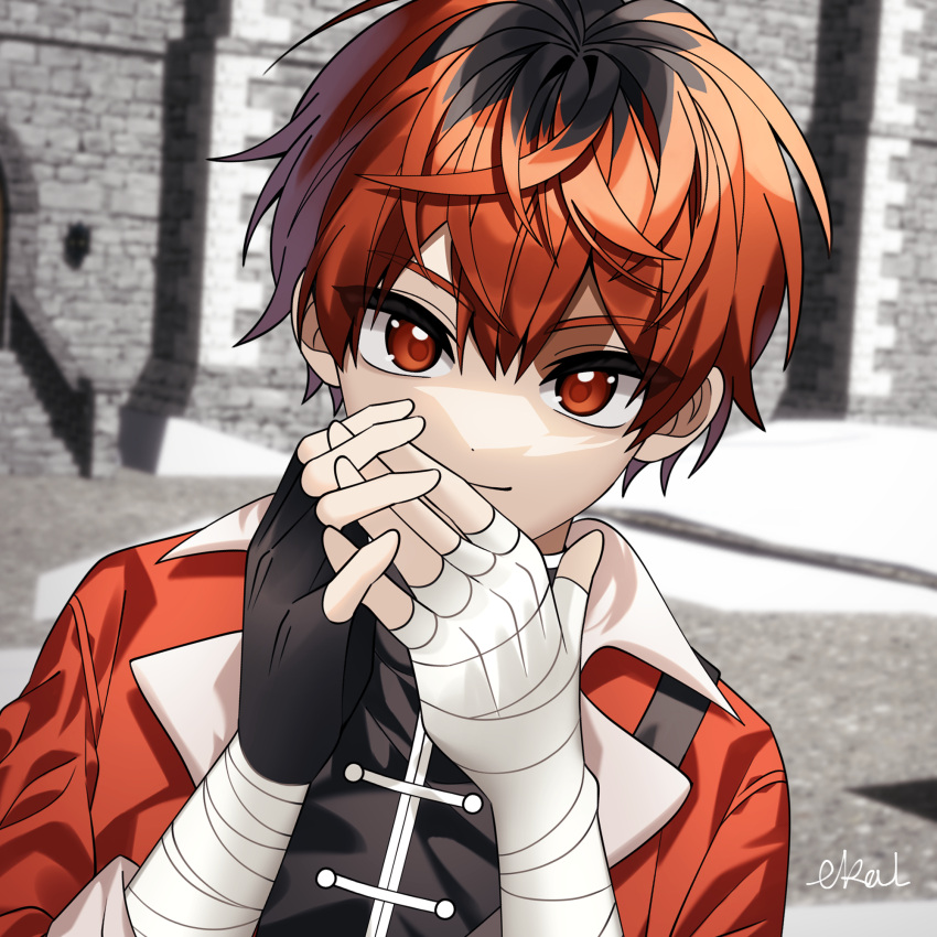 1boy bandaged_arm bandages black_gloves black_hair closed_mouth ekal fingerless_gloves gloves hair_between_eyes highres looking_at_viewer male_focus multicolored_hair outdoors own_hands_together portrait red_eyes red_hair short_hair signature smile solo sousou_no_frieren stark_(sousou_no_frieren) stone_wall