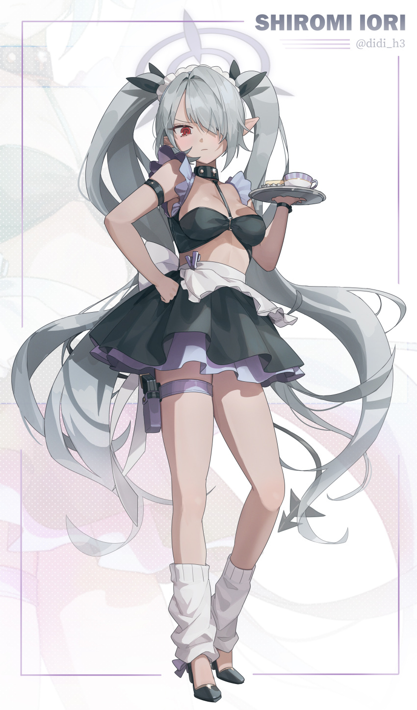 1girl absurdres apron black_footwear black_skirt blue_archive breasts character_name closed_mouth crop_top cup dark-skinned_female dark_skin didi_(didi_h3) full_body grey_hair hair_over_one_eye hair_ribbon halo hand_on_own_hip high_heels highres holding holding_tray iori_(blue_archive) leg_warmers long_hair maid_headdress medium_breasts pointy_ears red_eyes ribbon skirt solo tail thigh_strap tray twintails twitter_username very_long_hair white_apron