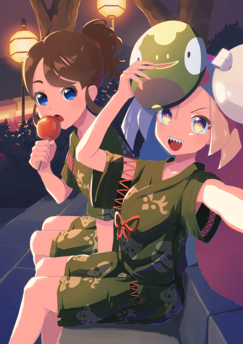 2girls :d absurdres alternate_costume arm_up blue_eyes blue_hair blunt_ends bright_pupils brown_hair candy_apple character_request commentary_request feet_out_of_frame festival food from_side green_kimono highres iono_(pokemon) japanese_clothes kimono long_hair looking_at_viewer mask mask_on_head multicolored_hair multiple_girls night open_mouth outdoors pink_hair pokemon pokemon_sv purple_eyes selfie sharp_teeth short_ponytail short_sleeves sitting smile swept_bangs tareme teeth two-tone_hair upper_teeth_only v-shaped_eyebrows very_long_hair wide_sleeves yasuba_yuichi