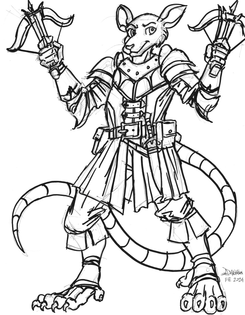 2024 absurd_res anthro armor belt belt_pouch claws clothed clothing crossbow crossbow_bolt fully_clothed hi_res holding_crossbow holding_object holding_ranged_weapon holding_weapon inked konno_(miwauturu) male mammal melee_weapon monochrome mouse murid murine pen_(artwork) ranged_weapon rodent simple_background solo standing sword thelivingshadow toe_claws traditional_media_(artwork) weapon white_background