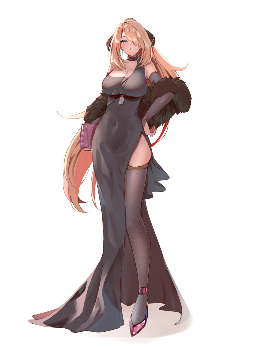 1girl asymmetrical_dress bag black_bridal_gauntlets black_choker black_thighhighs blonde_hair breasts bridal_gauntlets choker cleavage cocktail_dress cynthia_(pokemon) dress hair_ornament hair_over_one_eye handbag high_heels high_ponytail highres large_breasts long_hair momdy_(talesshinja) pokemon pokemon_dppt simple_background smile solo thighhighs very_long_hair white_background